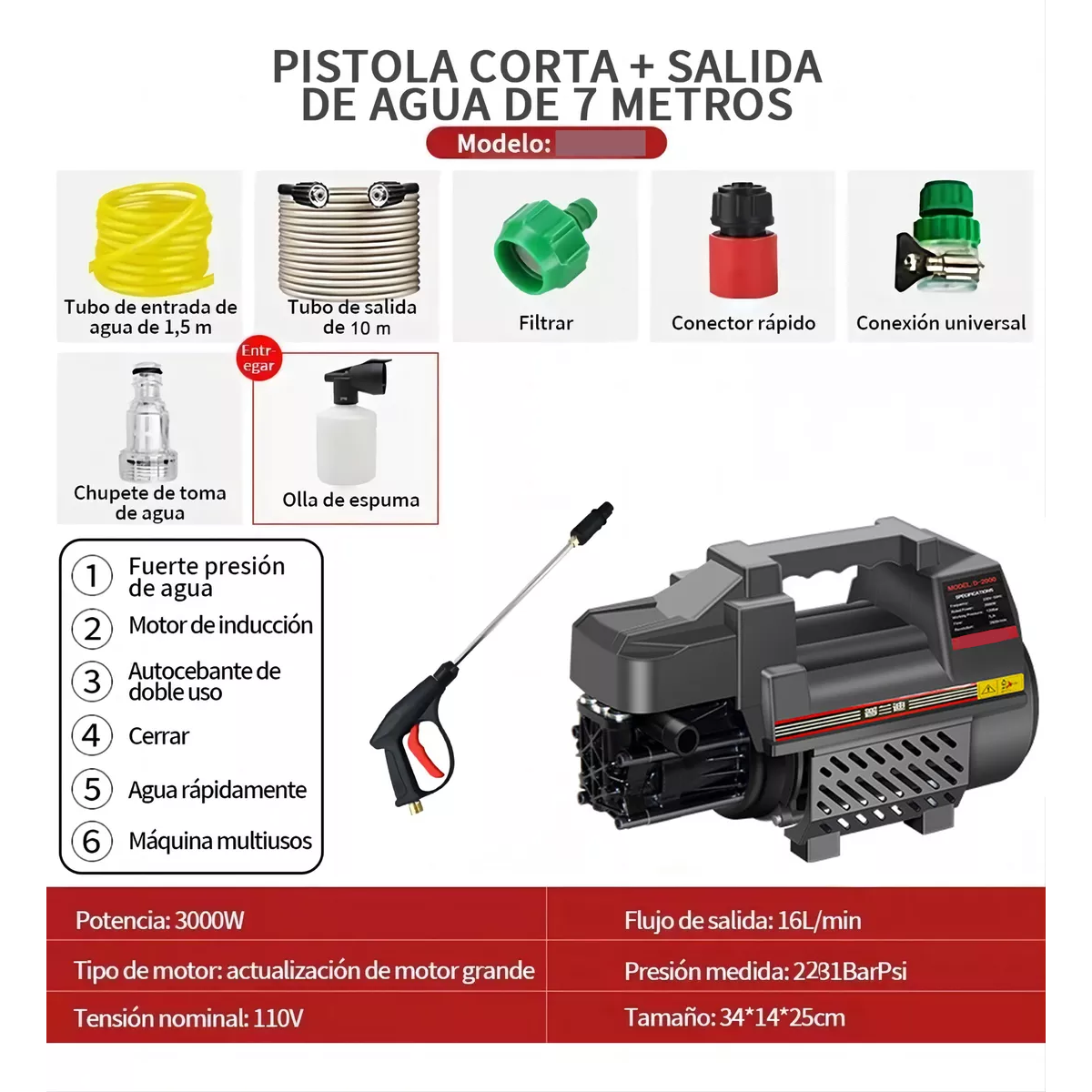 Hidrolavadora Eléctrica Con 2200 Psi De Presión Máxima 10m.