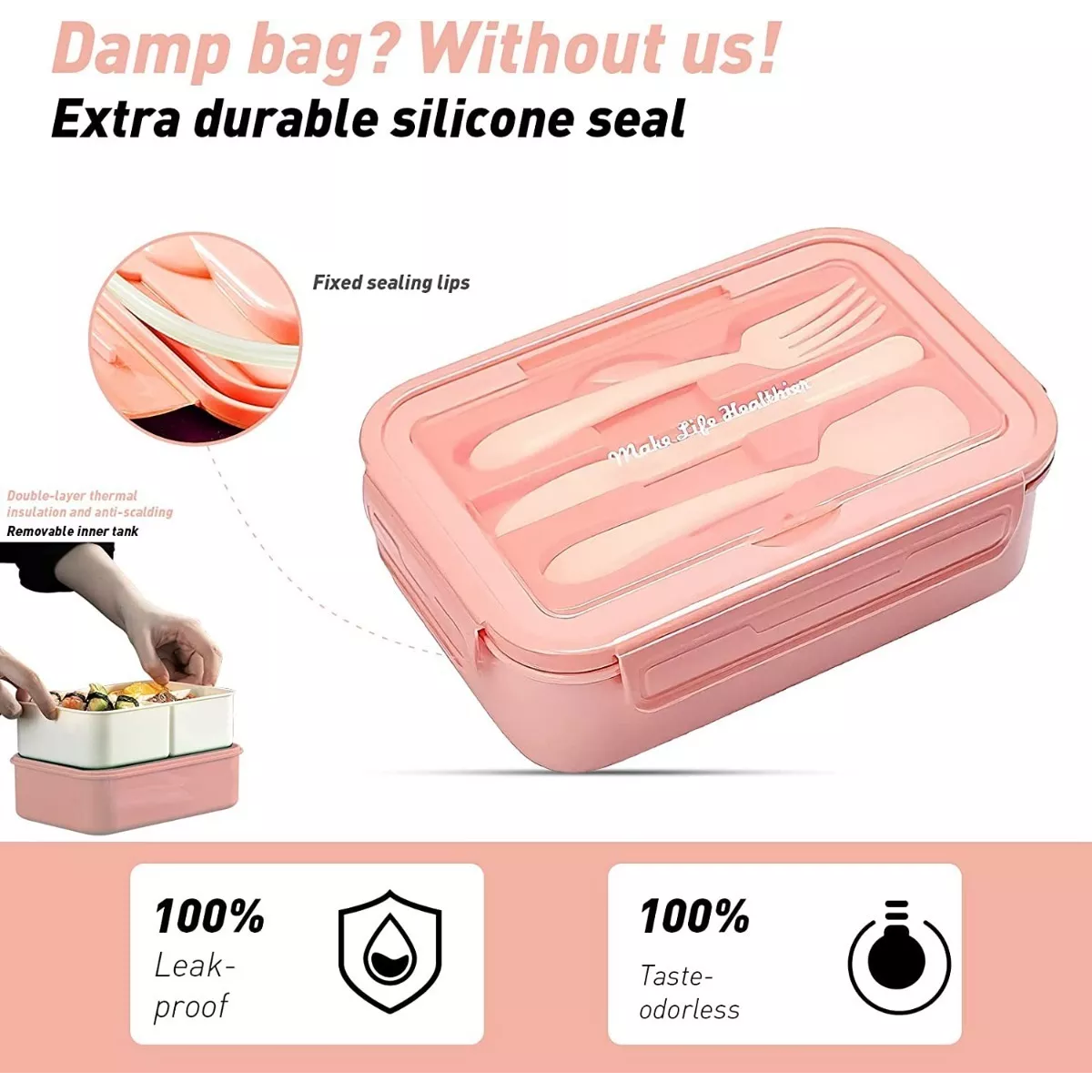 Lonchera Con Topper Y Cubiertos Capacidad 1100 ml Rosa.