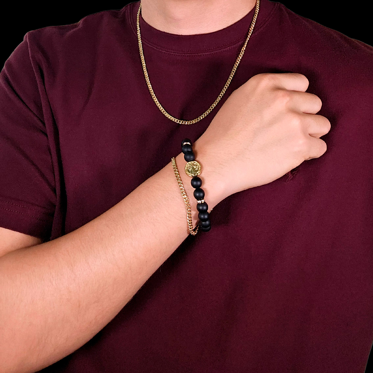 Pulsera San Benito Hombre Piedra Ónix Mate .