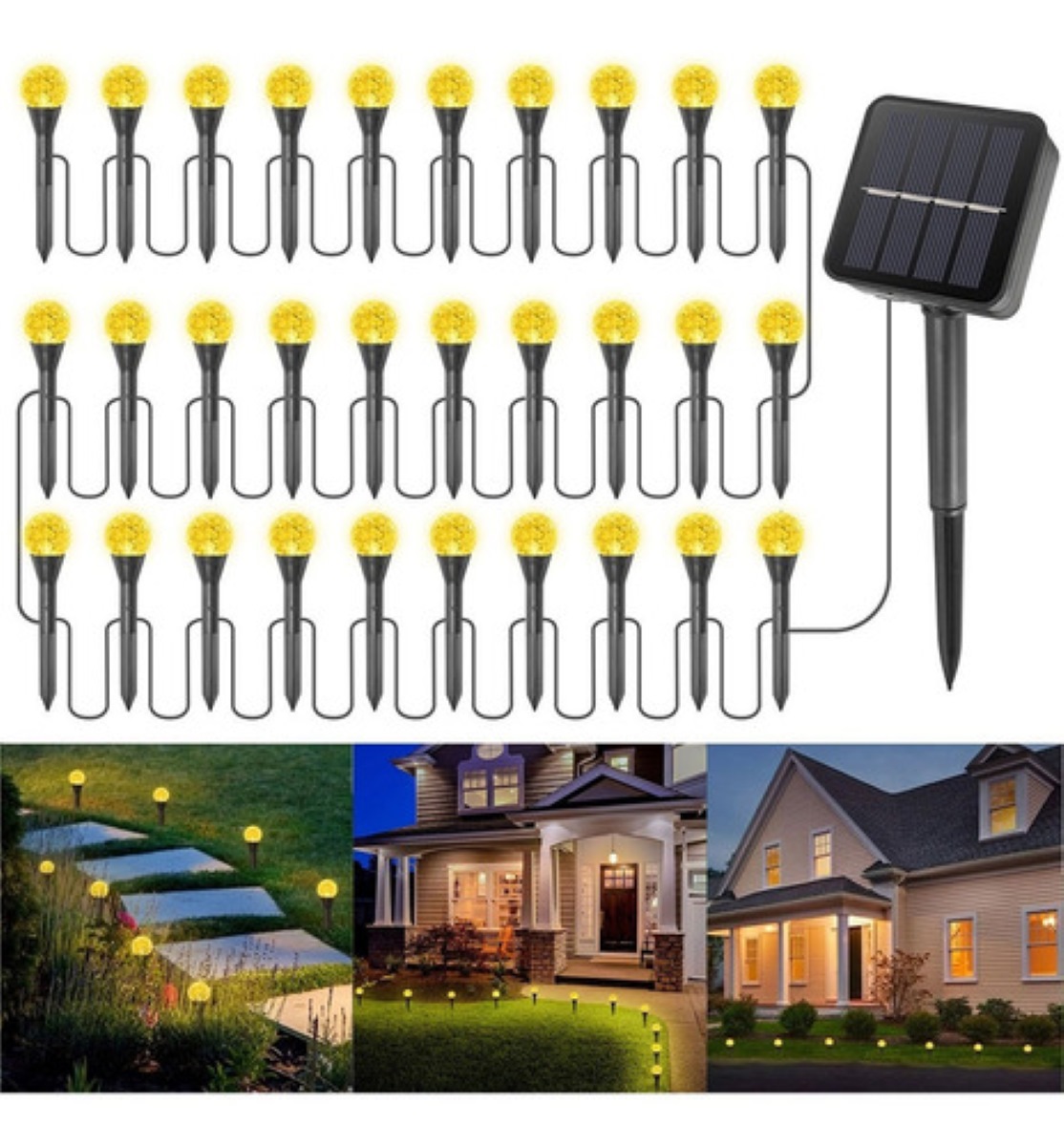 Tira De 30 Focos Led Solares Para Jardín Exteriores 8 Modos Negro