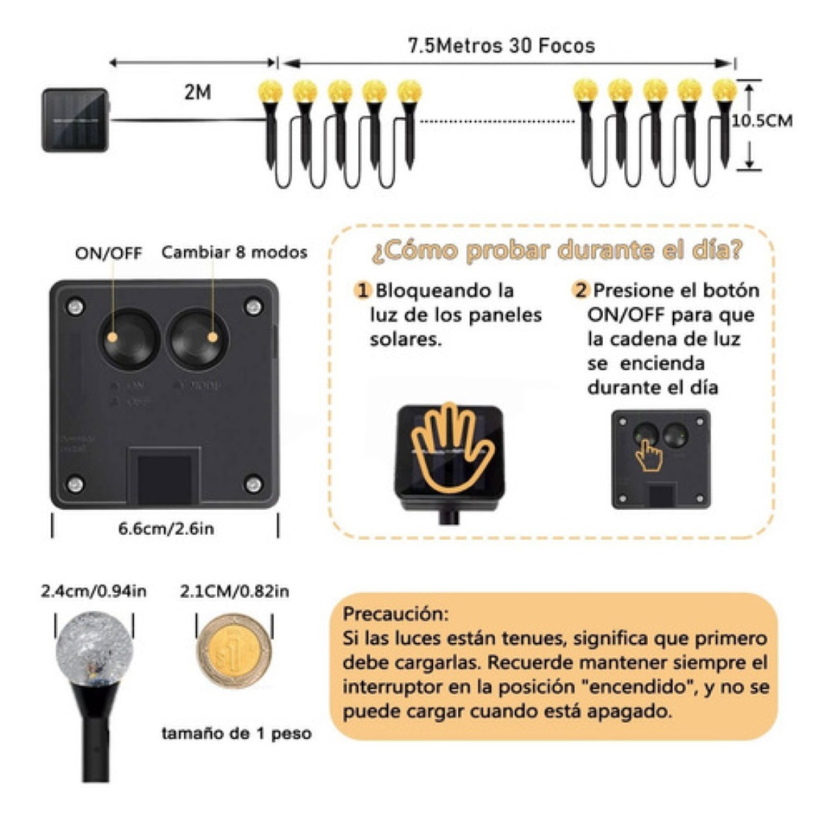 Tira De 30 Focos Led Solares Para Jardín Exteriores 8 Modos Negro