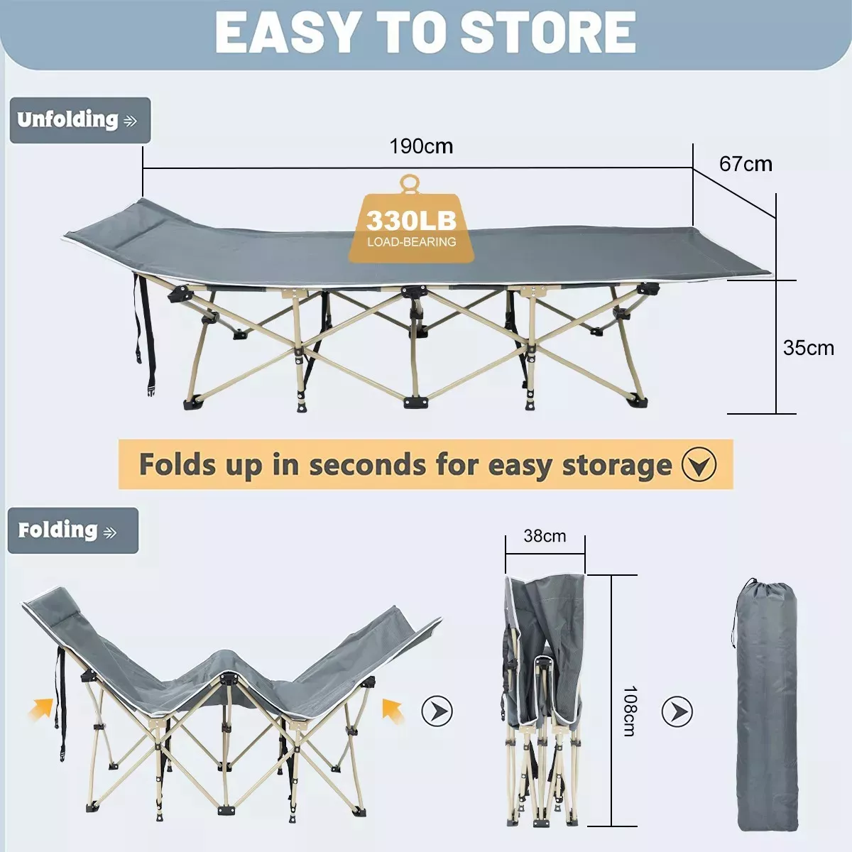 Catre Plegable Para Acampar Portátil Camping 190 X 67 X 35cm Gris.