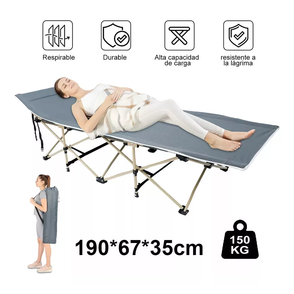 Catre Plegable Para Acampar Portátil Camping 190 X 67 X 35cm Gris.