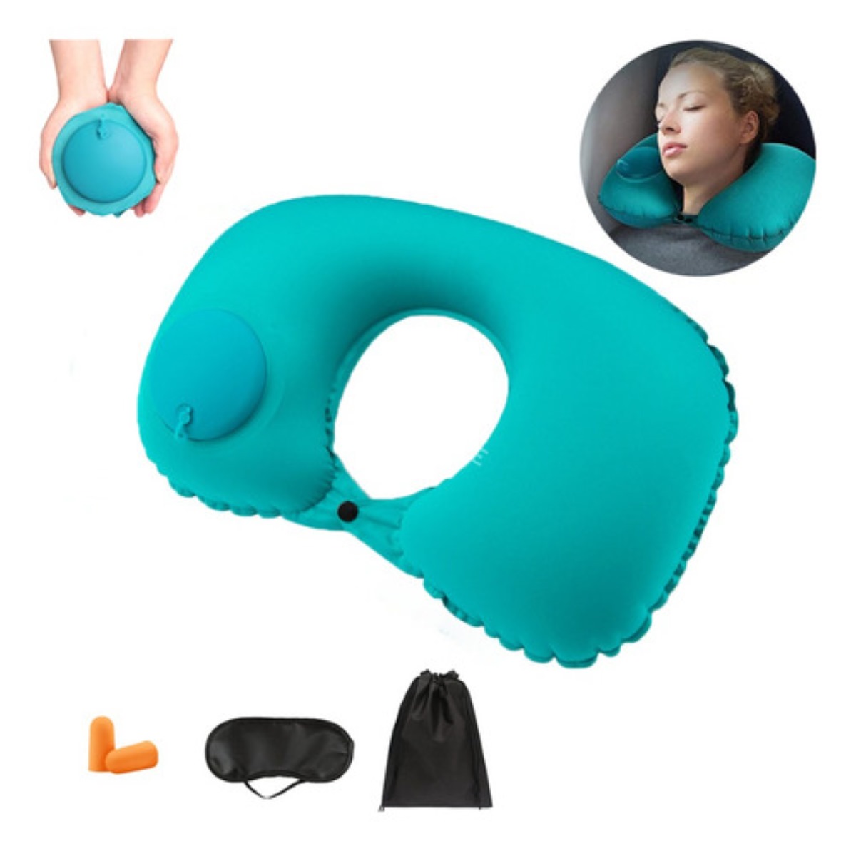 Almohada Para Viaje Cuello Inflable Tapones de Oidos Conjunto, Verde