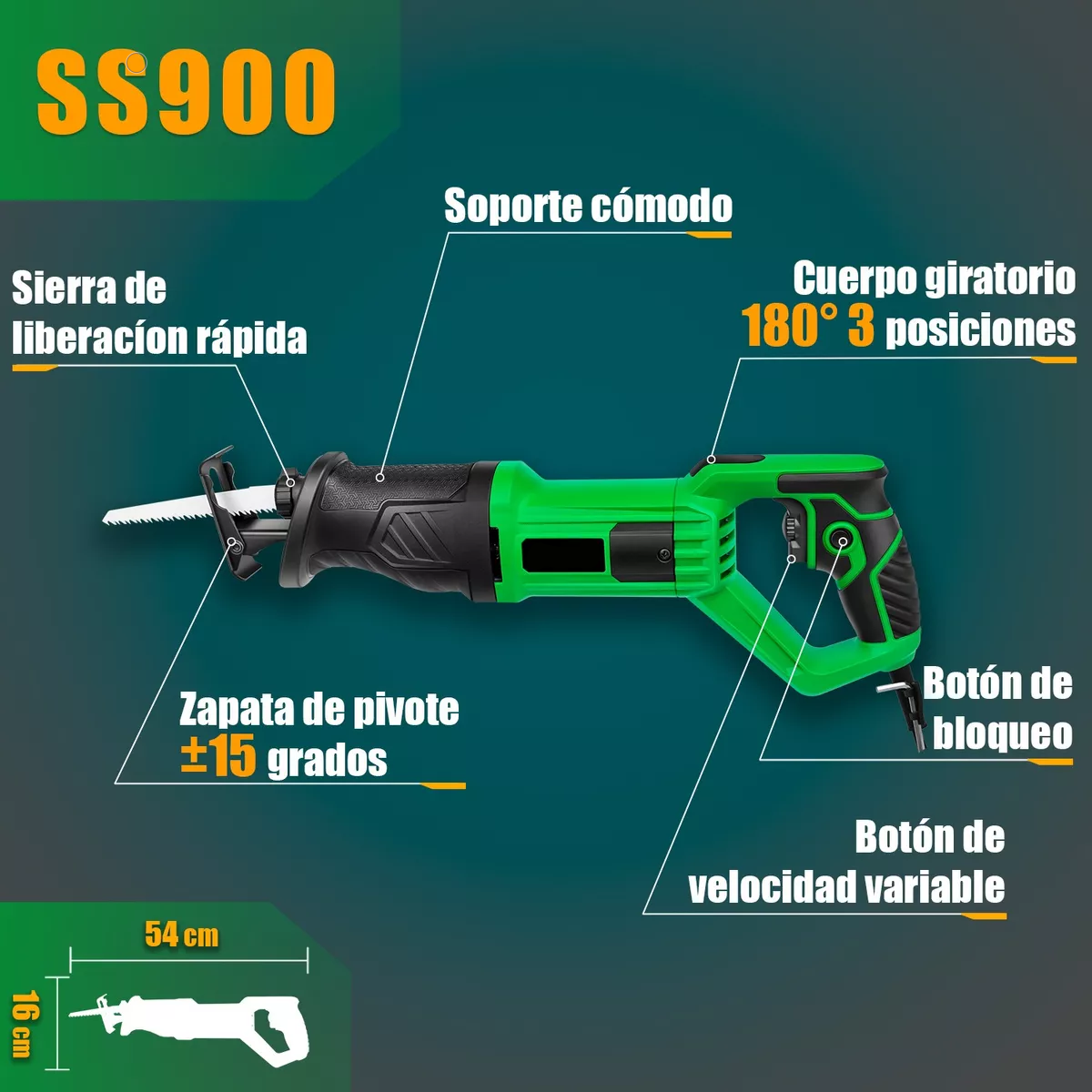 Sierra Sable 900w Velocidad Variable Industrial Verde.