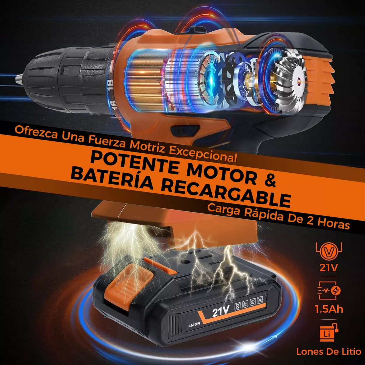Kit Taladro Atornillador Eléctrico Inalámbrico 21v, 35 Piezas.