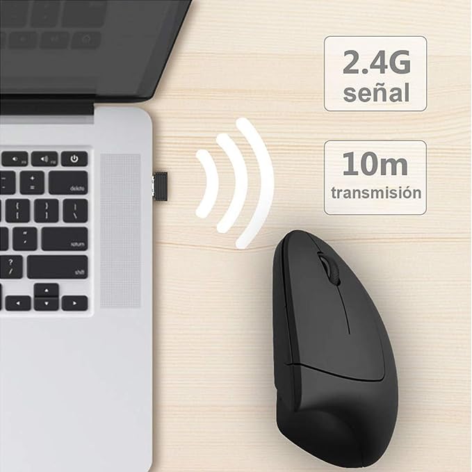 Mouse Inalámbrico Ergonómico Recargable, Mouse Vertical Óptico de 2.4Ghz con 3 DPIs Ajustables, Diseño de 6 Botones con Receptor USB, Compatible con Sistema Windows y Mac(Negro).
