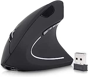Mouse Inalámbrico Ergonómico Recargable, Mouse Vertical Óptico de 2.4Ghz con 3 DPIs Ajustables, Diseño de 6 Botones con Receptor USB, Compatible con Sistema Windows y Mac(Negro).