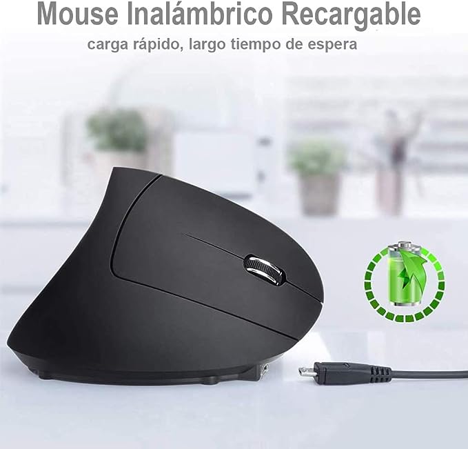 Mouse Inalámbrico Ergonómico Recargable, Mouse Vertical Óptico de 2.4Ghz con 3 DPIs Ajustables, Diseño de 6 Botones con Receptor USB, Compatible con Sistema Windows y Mac(Negro).