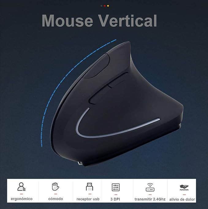 Mouse Inalámbrico Ergonómico Recargable, Mouse Vertical Óptico de 2.4Ghz con 3 DPIs Ajustables, Diseño de 6 Botones con Receptor USB, Compatible con Sistema Windows y Mac(Negro).