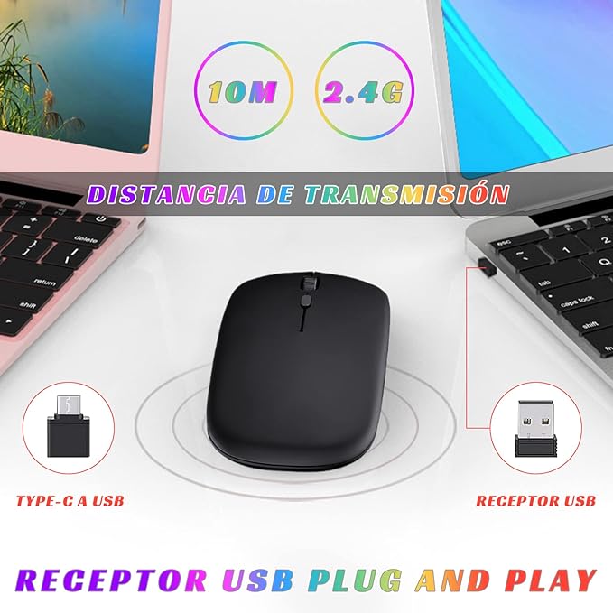 DQST Mouse Inalámbrico, 2.4G Mouse Inalámbrico Recargable, con Receptor USB y Convertidor Type-c, 3 dpi Ajustables, Clic Silencioso, Luz de Respiración de Retroiluminación Colorida. (Negro).