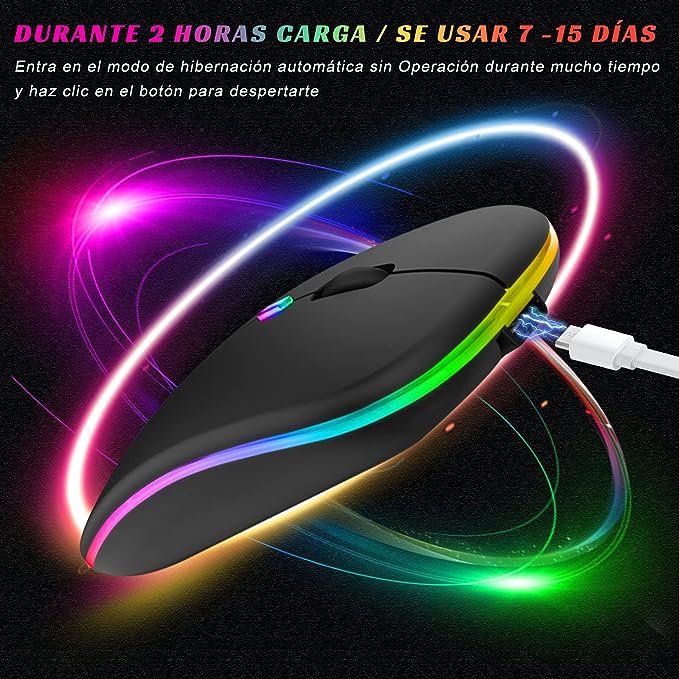DQST Mouse Inalámbrico, 2.4G Mouse Inalámbrico Recargable, con Receptor USB y Convertidor Type-c, 3 dpi Ajustables, Clic Silencioso, Luz de Respiración de Retroiluminación Colorida. (Negro).