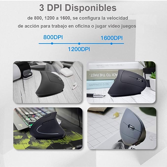 Mouse Inalámbrico Ergonómico Recargable, Mouse Vertical Óptico de 2.4Ghz con 3 DPIs Ajustables, Diseño de 6 Botones con Receptor USB, Compatible con Sistema Windows y Mac(Negro).