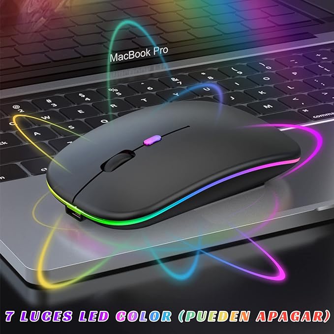 DQST Mouse Inalámbrico, 2.4G Mouse Inalámbrico Recargable, con Receptor USB y Convertidor Type-c, 3 dpi Ajustables, Clic Silencioso, Luz de Respiración de Retroiluminación Colorida. (Negro).