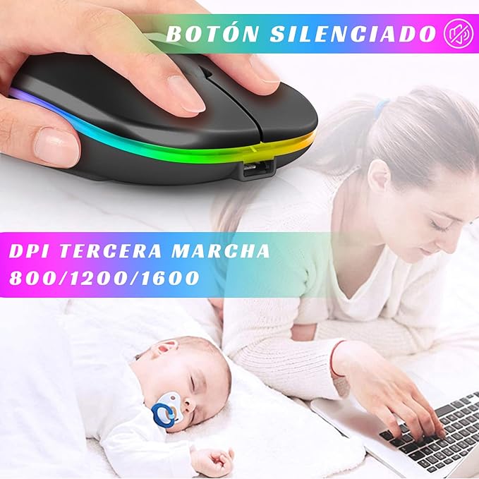 DQST Mouse Inalámbrico, 2.4G Mouse Inalámbrico Recargable, con Receptor USB y Convertidor Type-c, 3 dpi Ajustables, Clic Silencioso, Luz de Respiración de Retroiluminación Colorida. (Negro).