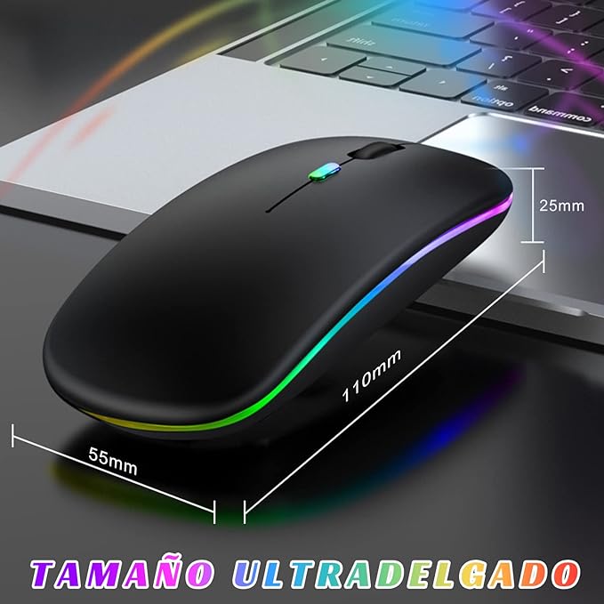 DQST Mouse Inalámbrico, 2.4G Mouse Inalámbrico Recargable, con Receptor USB y Convertidor Type-c, 3 dpi Ajustables, Clic Silencioso, Luz de Respiración de Retroiluminación Colorida. (Negro).