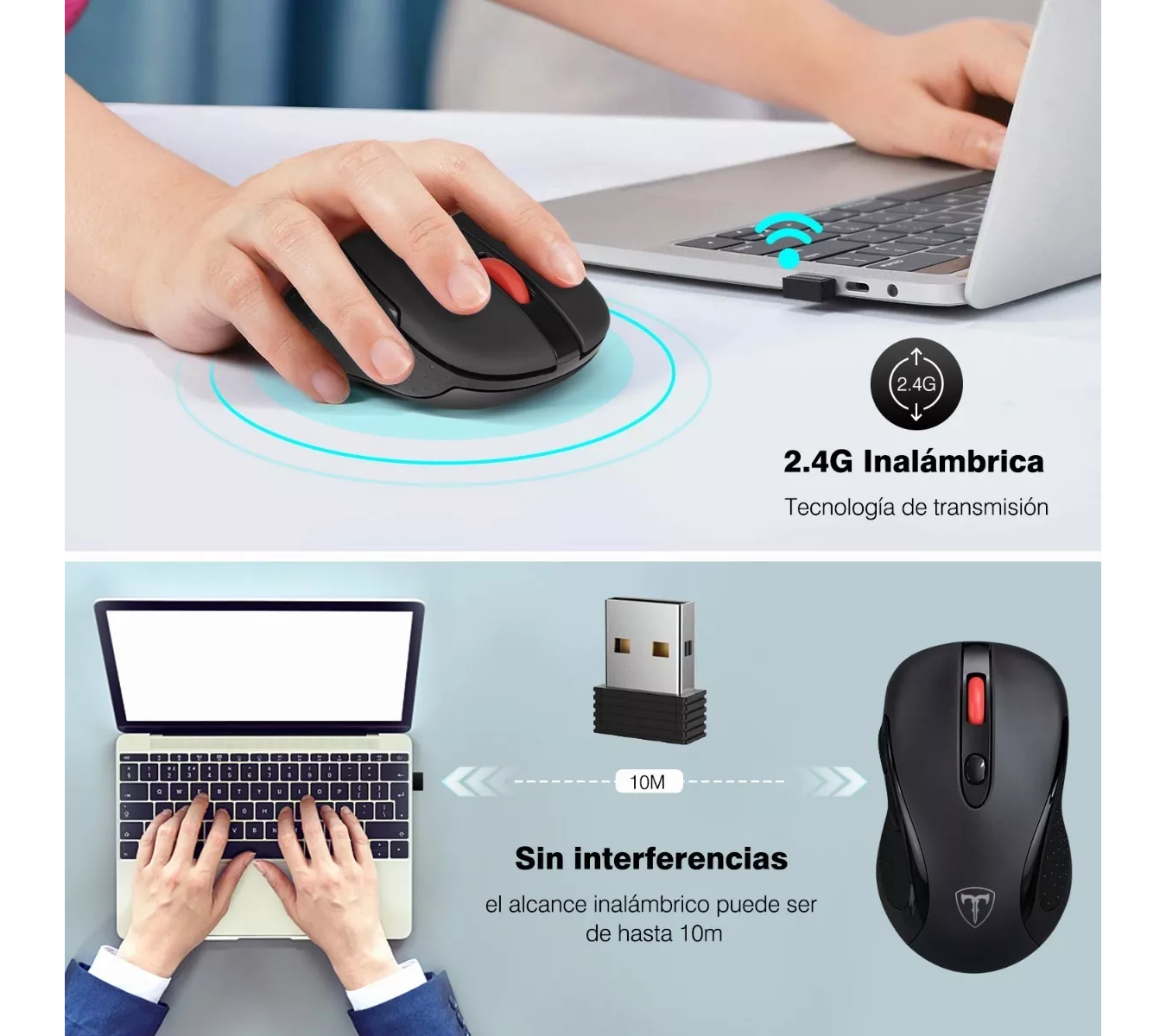ML TERPORT Mouse Inalambrico Usb Oficina F10, Uso Con Pila, 2.4g Receptor Usb, 2400 Dpi / 5 Niveles Adjustables, Ratón Inalabmrico Ergonomico Ligero Y Portatil Para Win/Mac Computadora PC.