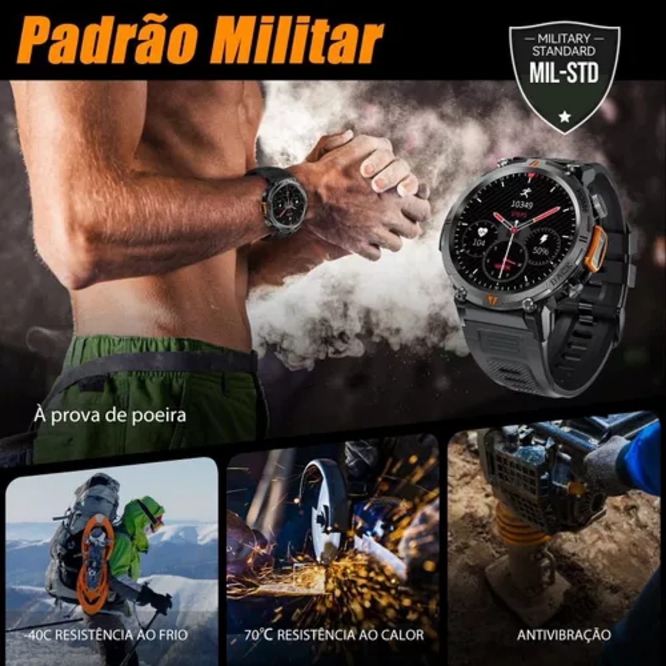 Smartwatch Eigiis KE Series KE3 Tactical 1.45" Caja 50mm De Abs Negra, Malla Negra Slicona Bisel Negro De Plástico