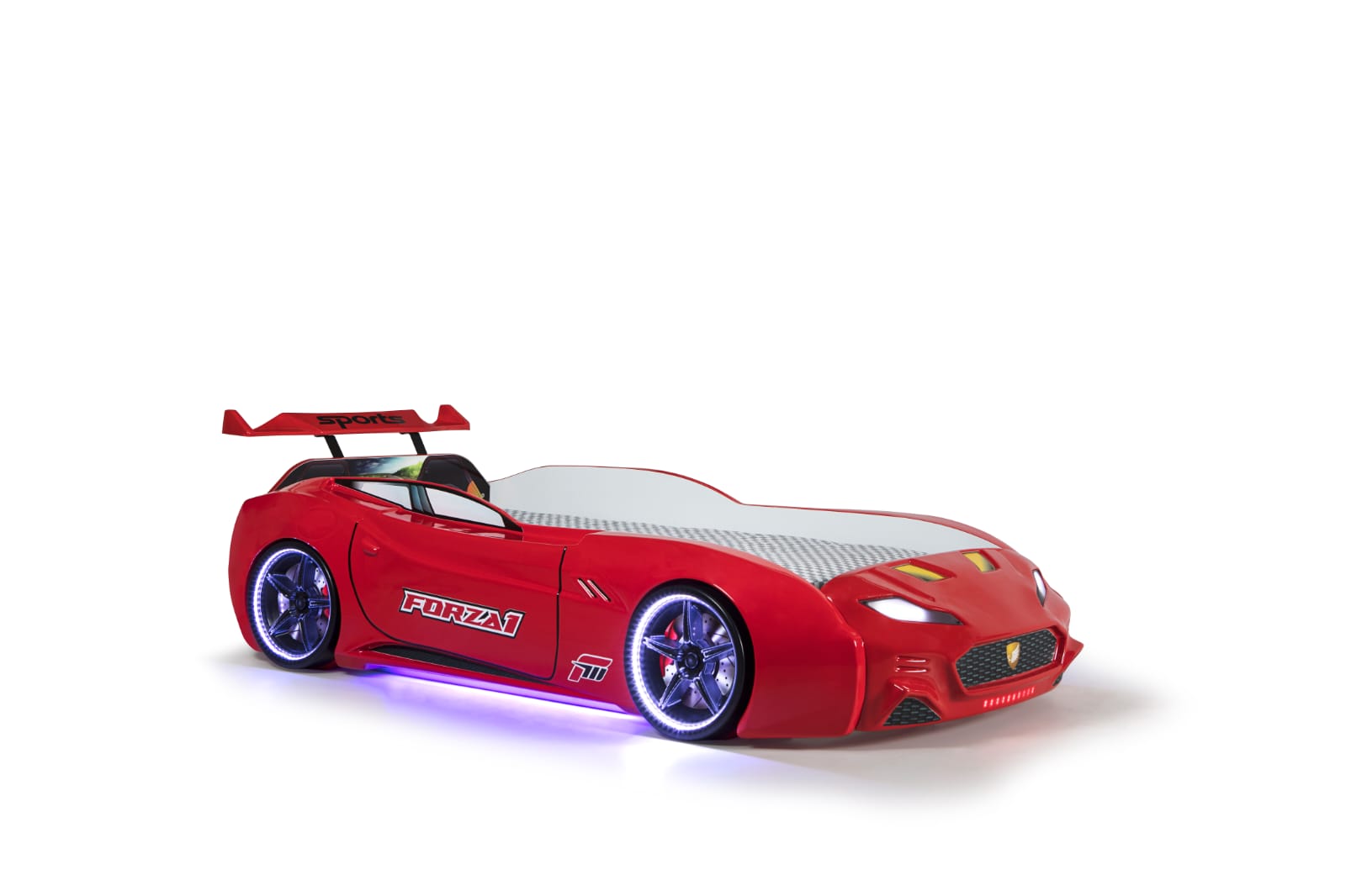 Cama infantil con forma de carro y colchon.