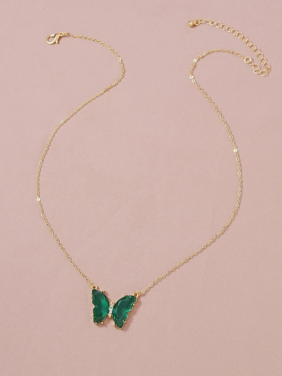 Collar para mujer de mariposa verde, acero inoxidable