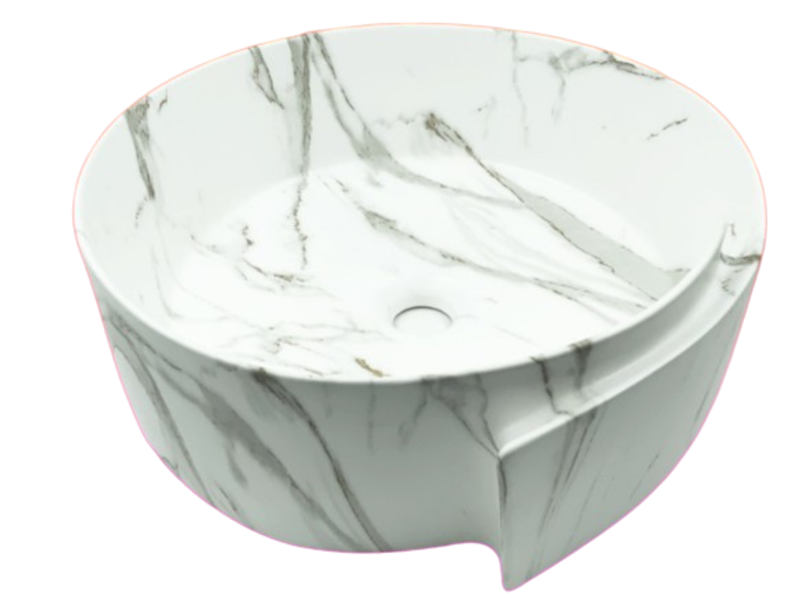 Lavabo Cerámico para Baño PAL, forma circular en color blanco marmoleado. De sobreponer, con diseño europeo ideal para todo tipo de baño. Medidas 43 x 43 x 17 cms