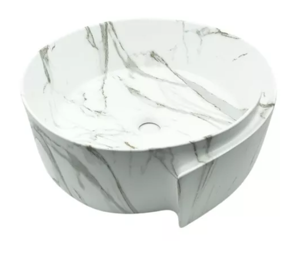 Lavabo Cerámico para Baño PAL, forma circular en color blanco marmoleado. De sobreponer, con diseño europeo ideal para todo tipo de baño. Medidas 43 x 43 x 17 cms