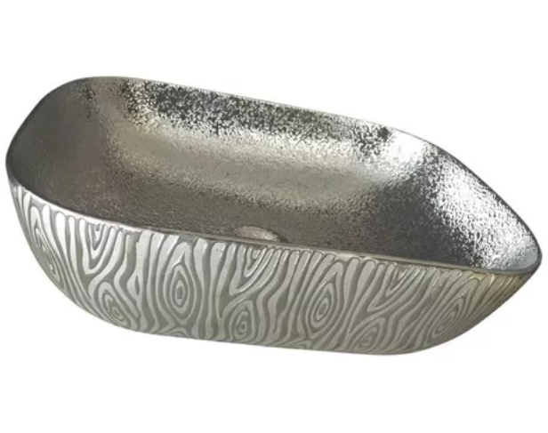 Lavabo Cerámico para Baño PALM, forma rectangular en color plata, con acabados metalizados y textura. De sobreponer, con diseño europeo ideal para todo tipo de baños.  Dimensiones 45.0 x 32.0 x 13.5 cms.