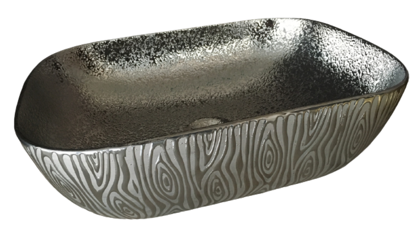 Lavabo Cerámico para Baño PALM, forma rectangular en color plata, con acabados metalizados y textura. De sobreponer, con diseño europeo ideal para todo tipo de baños.  Dimensiones 45.0 x 32.0 x 13.5 cms.