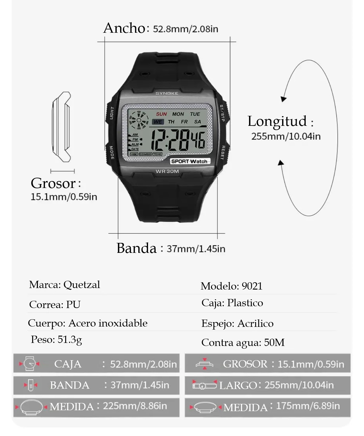 Reloj Digital contra agua azul led números grandes fácil de leer sumergible 30M deportes táctico.