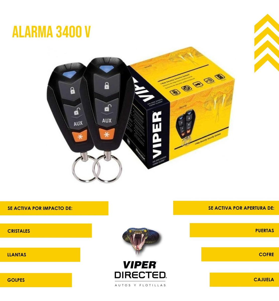 Alarma Automotriz Viper 3400v Con 2 Controles Sirena Sensor.