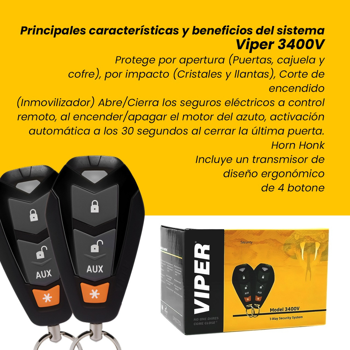 Alarma Automotriz Viper 3400v Con 2 Controles Sirena Sensor.