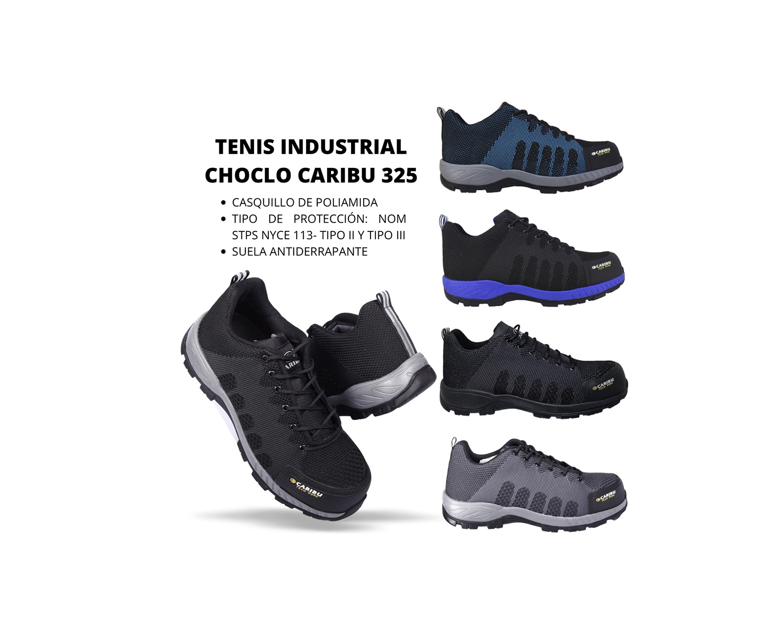 Tenis Industrial Choclo Con Casco Caribú 325 Color Negro Gris.
