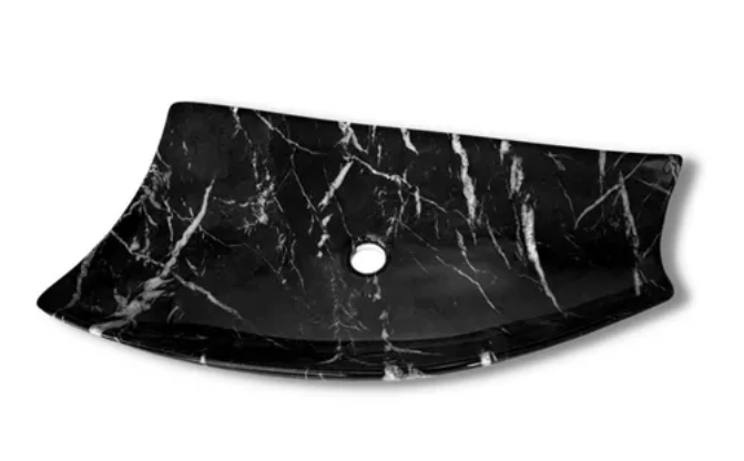 Lavabo Cerámico de Sobreponer HON, forma irregular, en color negro marquina con decorado efecto imitación mármol. De sobreponer con diseño europeo ideal para todo tipo de baños. Dimensiones 720x380x125 mm