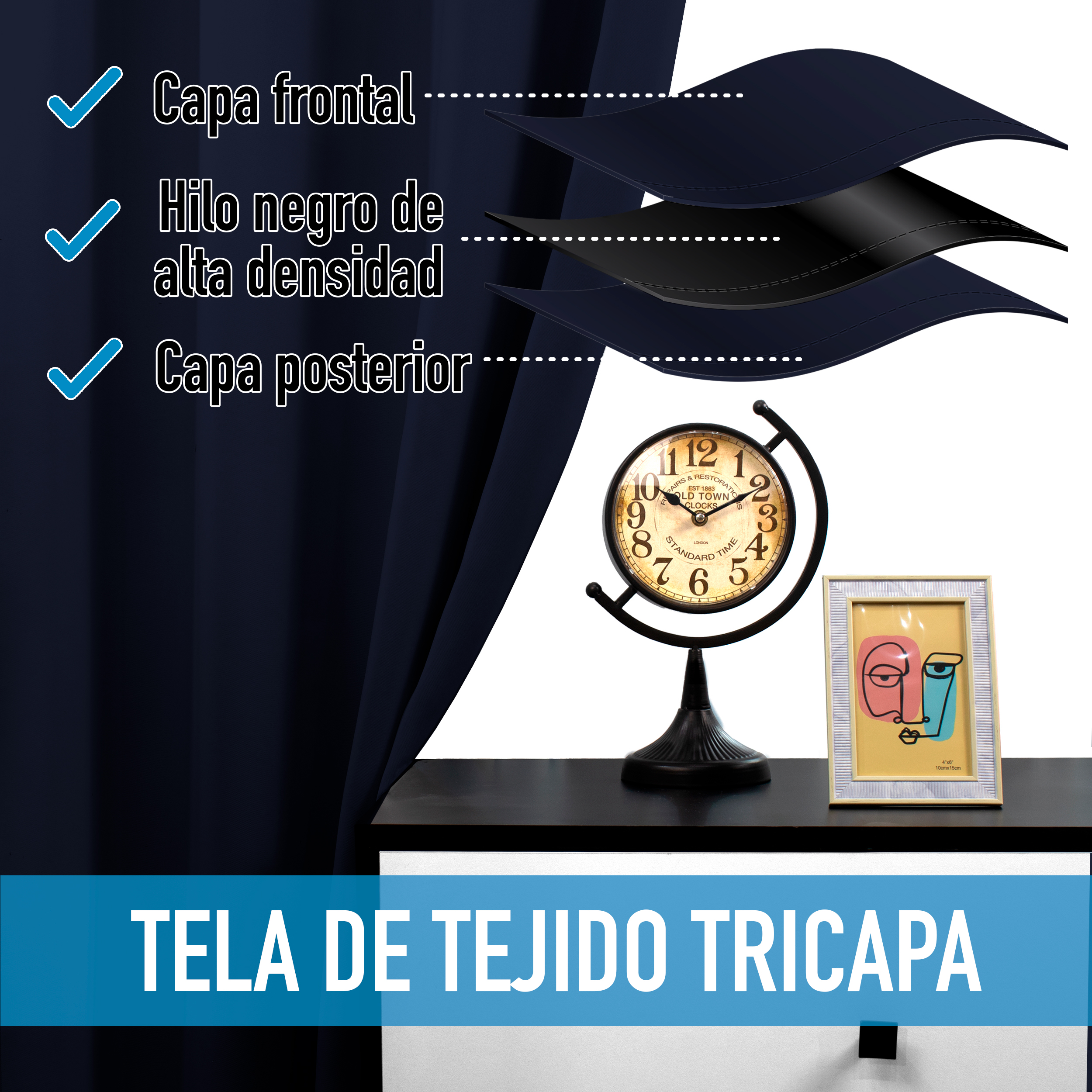 Cortinas Blackout Azul Marino Corta Térmico Lisa 95% Bloqueo Luz.