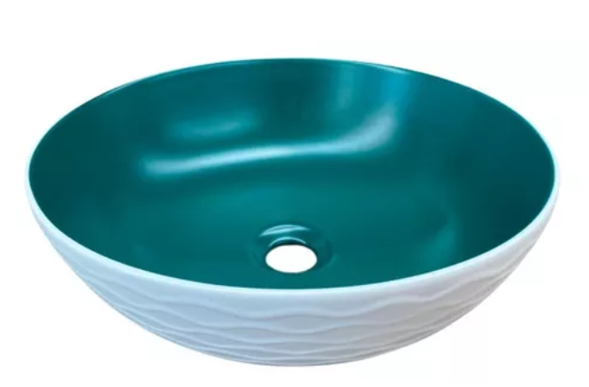 Lavabo Cerámico para Baño KAU, forma redonda color en el exterior blanco mate con textura en alto relieve y acabado rústico, esmalte verde en el interior. De sobreponer con diseño europeo ideal para todo tipo de baños. Dimensiones 400x400x135 mm