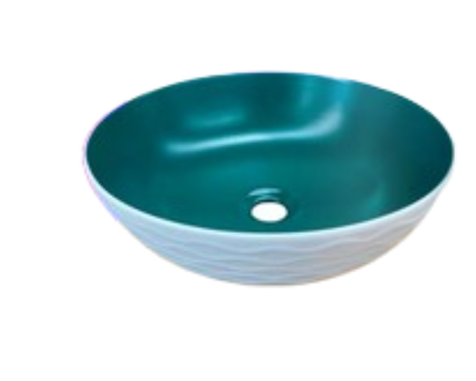 Lavabo Cerámico para Baño KAU, forma redonda color en el exterior blanco mate con textura en alto relieve y acabado rústico, esmalte verde en el interior. De sobreponer con diseño europeo ideal para todo tipo de baños. Dimensiones 400x400x135 mm