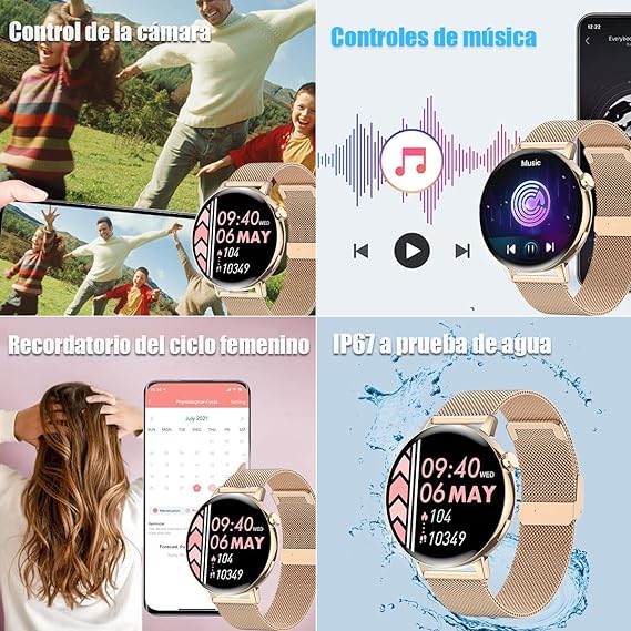 HONGHCL Smartwatch,Reloj Inteligente de Llamada Mujer de 1.32" Pantalla Táctil Completa,Pulsera Inteligente con Recordatorio de Mensaje,24 Deportivo Smartwatch con Recordatorio Menstrual Mujer(Oro).