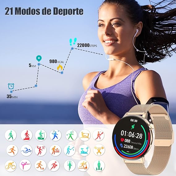 HONGHCL Smartwatch,Reloj Inteligente de Llamada Mujer de 1.32" Pantalla Táctil Completa,Pulsera Inteligente con Recordatorio de Mensaje,24 Deportivo Smartwatch con Recordatorio Menstrual Mujer(Oro).