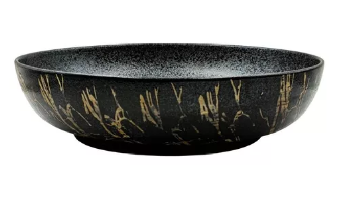 Lavabo Cerámico para Baño ZAN, colores negro y cobrizo con texturas en relieve. Acabado exterior mate.  De sobreponer con diseño europeo ideal para todo tipo de baños. Dimensiones 51.5x39x14.5 cms