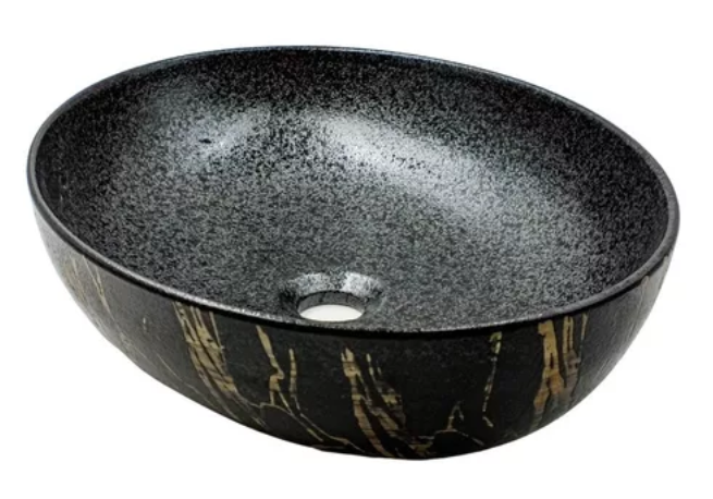 Lavabo Cerámico para Baño ZAN, colores negro y cobrizo con texturas en relieve. Acabado exterior mate.  De sobreponer con diseño europeo ideal para todo tipo de baños. Dimensiones 51.5x39x14.5 cms