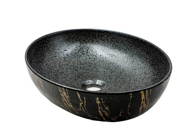 Lavabo Cerámico para Baño ZAN, colores negro y cobrizo con texturas en relieve. Acabado exterior mate.  De sobreponer con diseño europeo ideal para todo tipo de baños. Dimensiones 51.5x39x14.5 cms