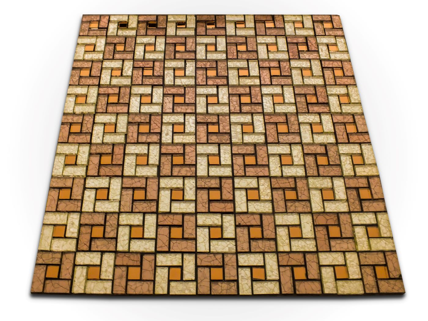 Malla o mosaico adherible de vidrio ELI, medida 30 x 30 cms. (base por altura) diseño en tonos café con acabados tipo espejo cobrizo.  Caja de 5 piezas.
