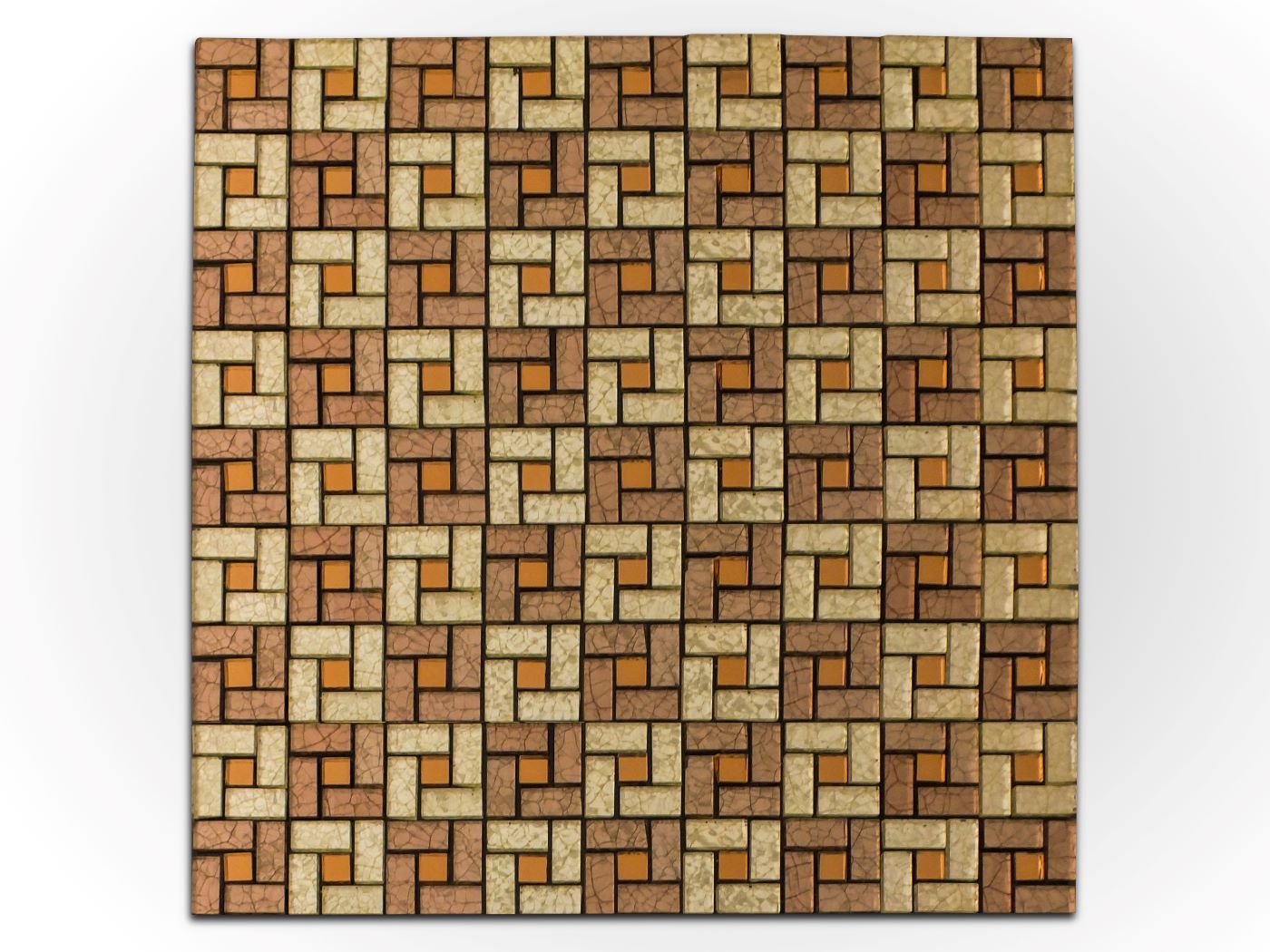 Malla o mosaico adherible de vidrio ELI, medida 30 x 30 cms. (base por altura) diseño en tonos café con acabados tipo espejo cobrizo.  Caja de 5 piezas.