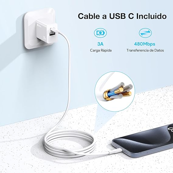 1 Hora Cargador de Carga Rápida 20W 2 en 1, Cargador Tipo C PD 20W + USB A QC 18W Soportado, con Cable Tipo C 1M 3A, Compatible con IP 15, Galaxy S23  S22  S21+  Note 10, iPad Pro, Google Pixel.