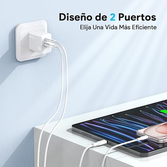 1 Hora Cargador de Carga Rápida 20W 2 en 1, Cargador Tipo C PD 20W + USB A QC 18W Soportado, con Cable Tipo C 1M 3A, Compatible con IP 15, Galaxy S23  S22  S21+  Note 10, iPad Pro, Google Pixel.