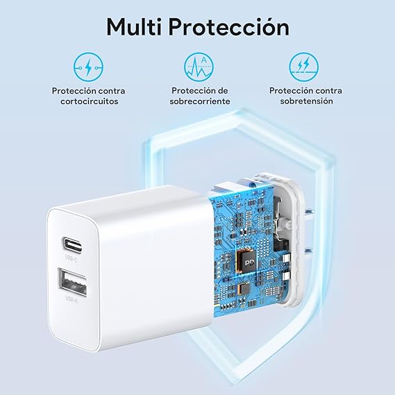 1 Hora Cargador de Carga Rápida 20W 2 en 1, Cargador Tipo C PD 20W + USB A QC 18W Soportado, con Cable Tipo C 1M 3A, Compatible con IP 15, Galaxy S23  S22  S21+  Note 10, iPad Pro, Google Pixel.