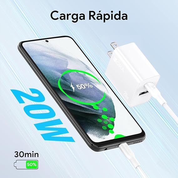 1 Hora Cargador de Carga Rápida 20W 2 en 1, Cargador Tipo C PD 20W + USB A QC 18W Soportado, con Cable Tipo C 1M 3A, Compatible con IP 15, Galaxy S23  S22  S21+  Note 10, iPad Pro, Google Pixel.