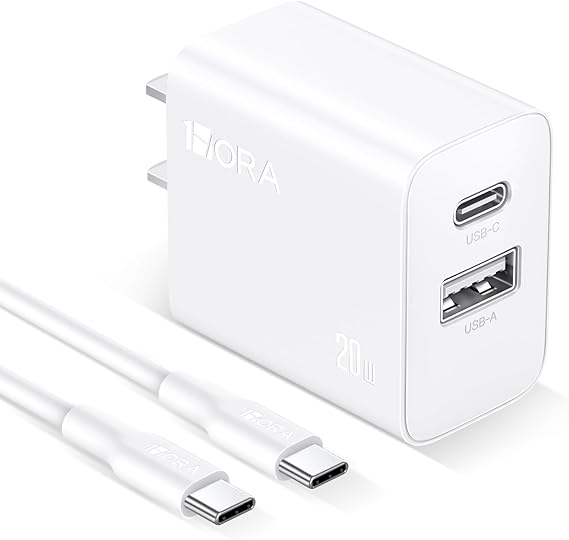 1 Hora Cargador de Carga Rápida 20W 2 en 1, Cargador Tipo C PD 20W + USB A QC 18W Soportado, con Cable Tipo C 1M 3A, Compatible con IP 15, Galaxy S23  S22  S21+  Note 10, iPad Pro, Google Pixel.