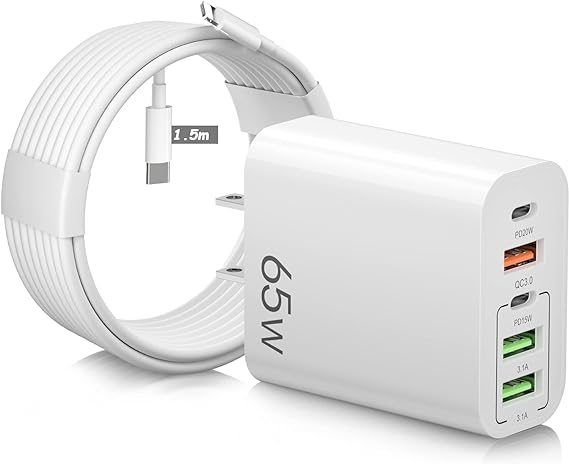 Salandens Cargador Tipo C con Cable 1.5m, 65W 5 en 1 Cargador Carga Rapida,Cargador USB C PD20w+PD15w,para iphone14/13/12/11/Pro/Samsung/Xiaomi/Huawei/Motorola.Etc (Cable USB C a Lightning).