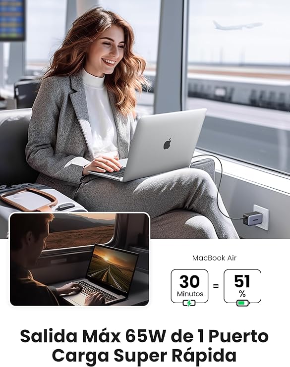 UGREEN Nexode 65W Cargador USB C GAN con 3 Puertos, Cargador Tipo C Plegable y Portátil para Viajar Compatible con MacBook Pro/Air, DELL XPS, iPhone 15 14 Pro, iPad Pro, Galaxy S24, Pixel 7.